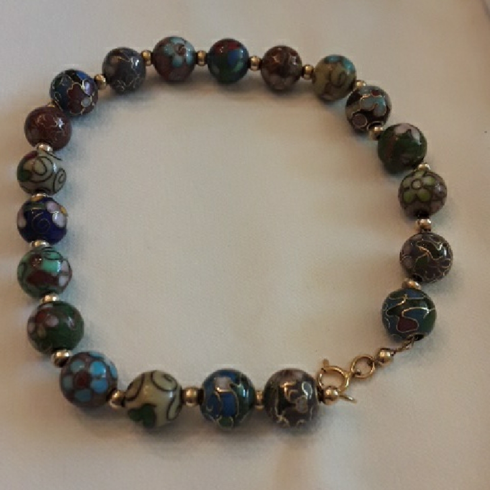 Cloisonne beads on 14k solid gold 9 inch chain bracelet or anklet with 14k beads